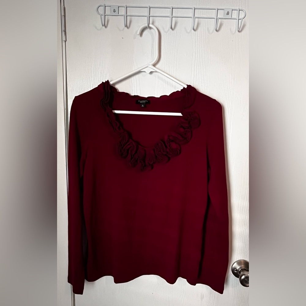 Talbots Burgundy Ruffle V-Neck Long Sleeve Top Size Medium